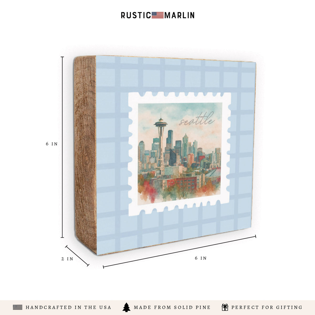 Seattle Stamp Blue Plaid Block Sign