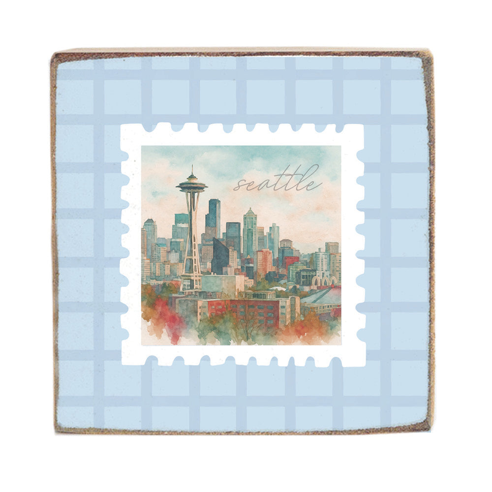 Seattle Stamp Blue Plaid Block Sign