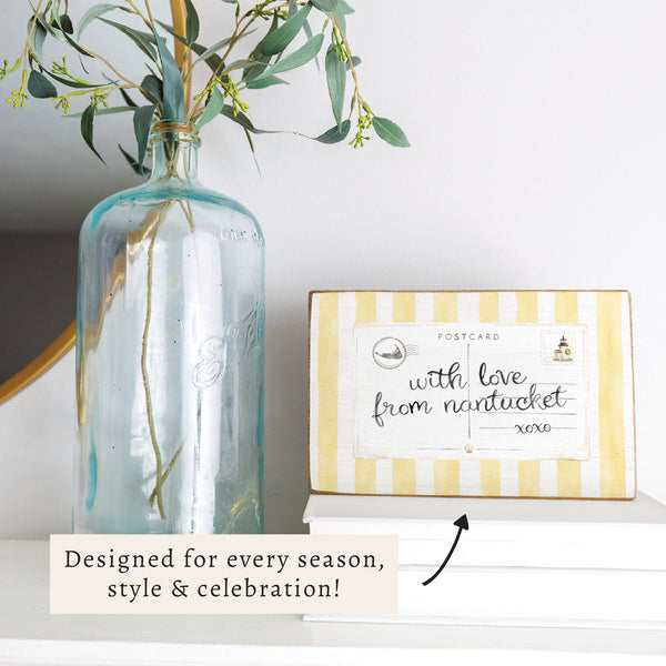 Nantucket Postcard Yellow Stripe Wooden Block Sign