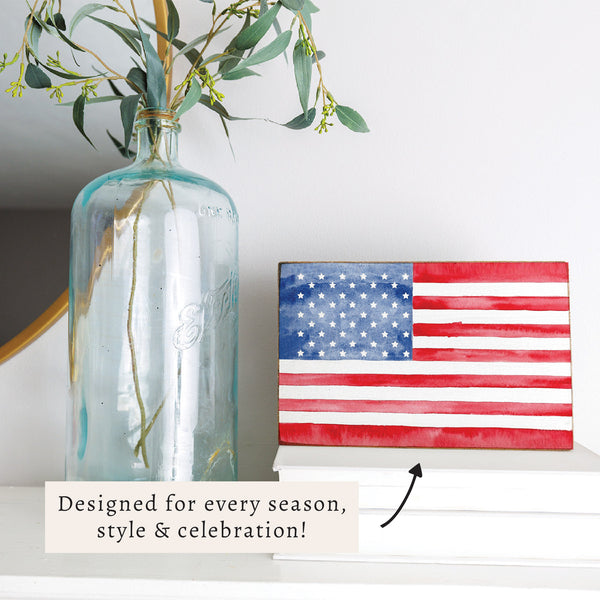 American Flag Watercolor Block Sign