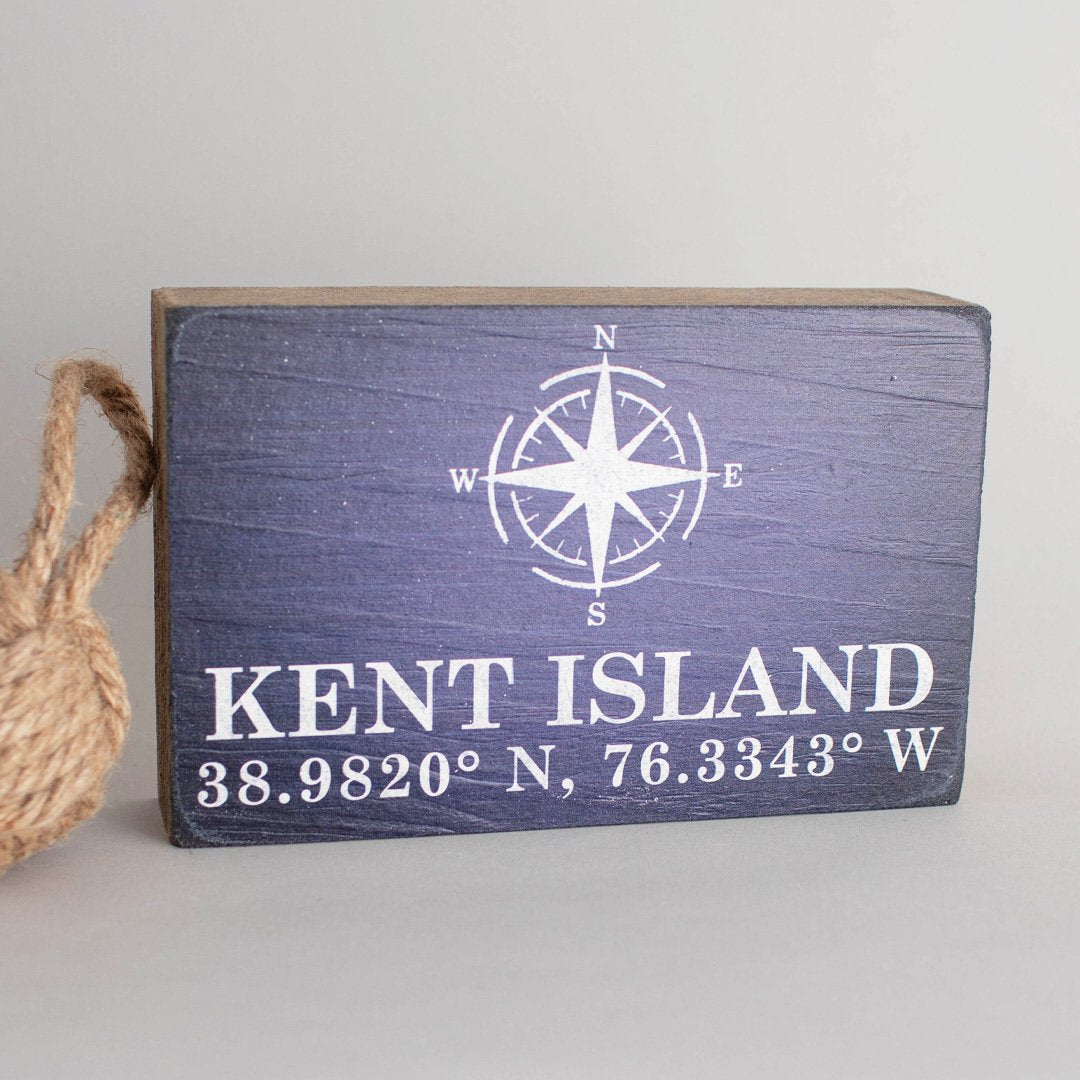 Compass + Coordinates Navy Personalized Wood Block