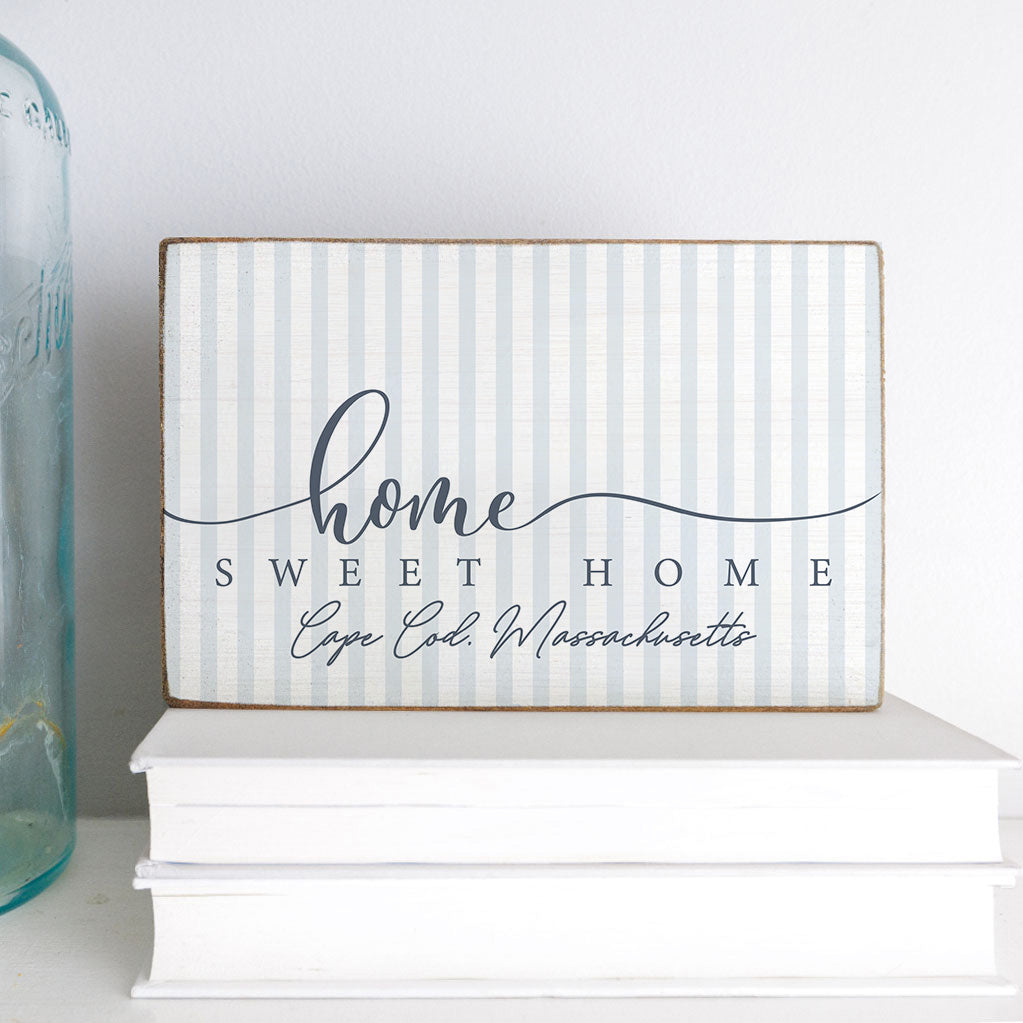 Personalized Blue and White Striped Home Sweet Home Decorative Wooden Block