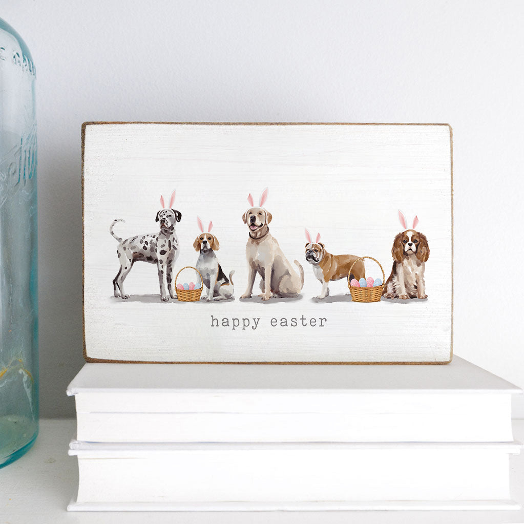 Bunny Ear Dogs Happy Easter Decorative Wooden Block