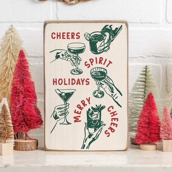 Cheers Holidays Spirit Merry Block Sign