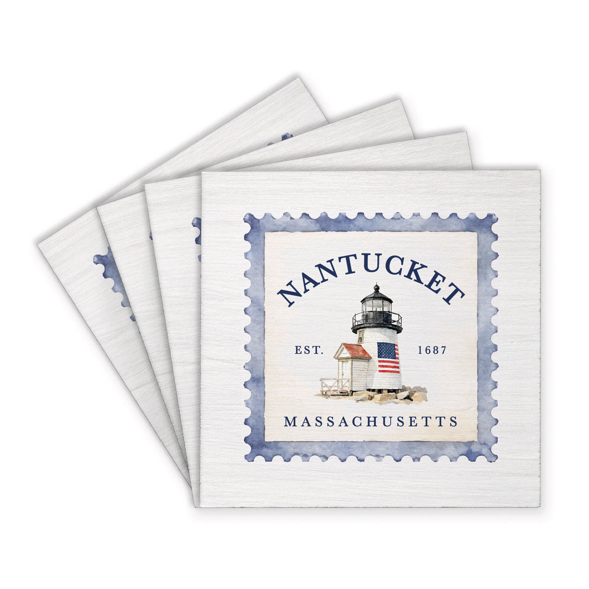 Nantucket Brant Point Lighthouse Stamp Coaster Set
