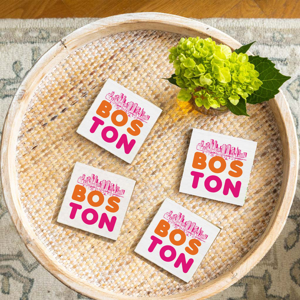 Orange and Pink Boston Skyline Coaster Set