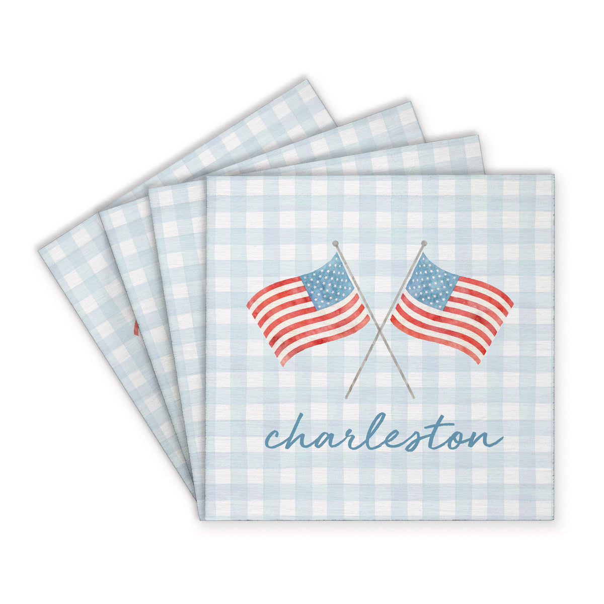 American Flags Gingham Personalized Coaster Set