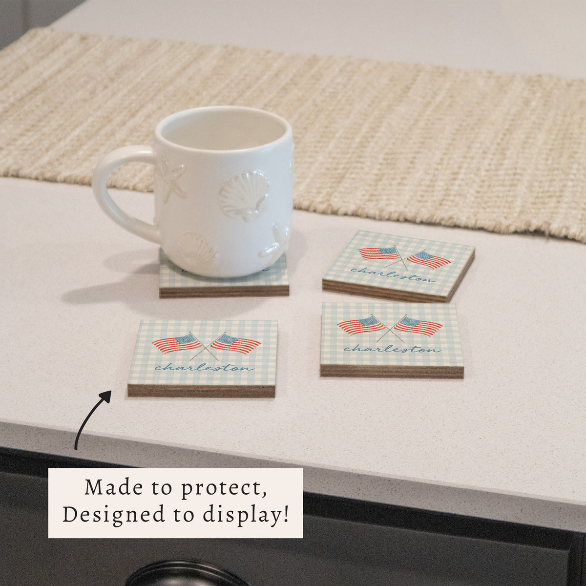 American Flags Gingham Personalized Coaster Set