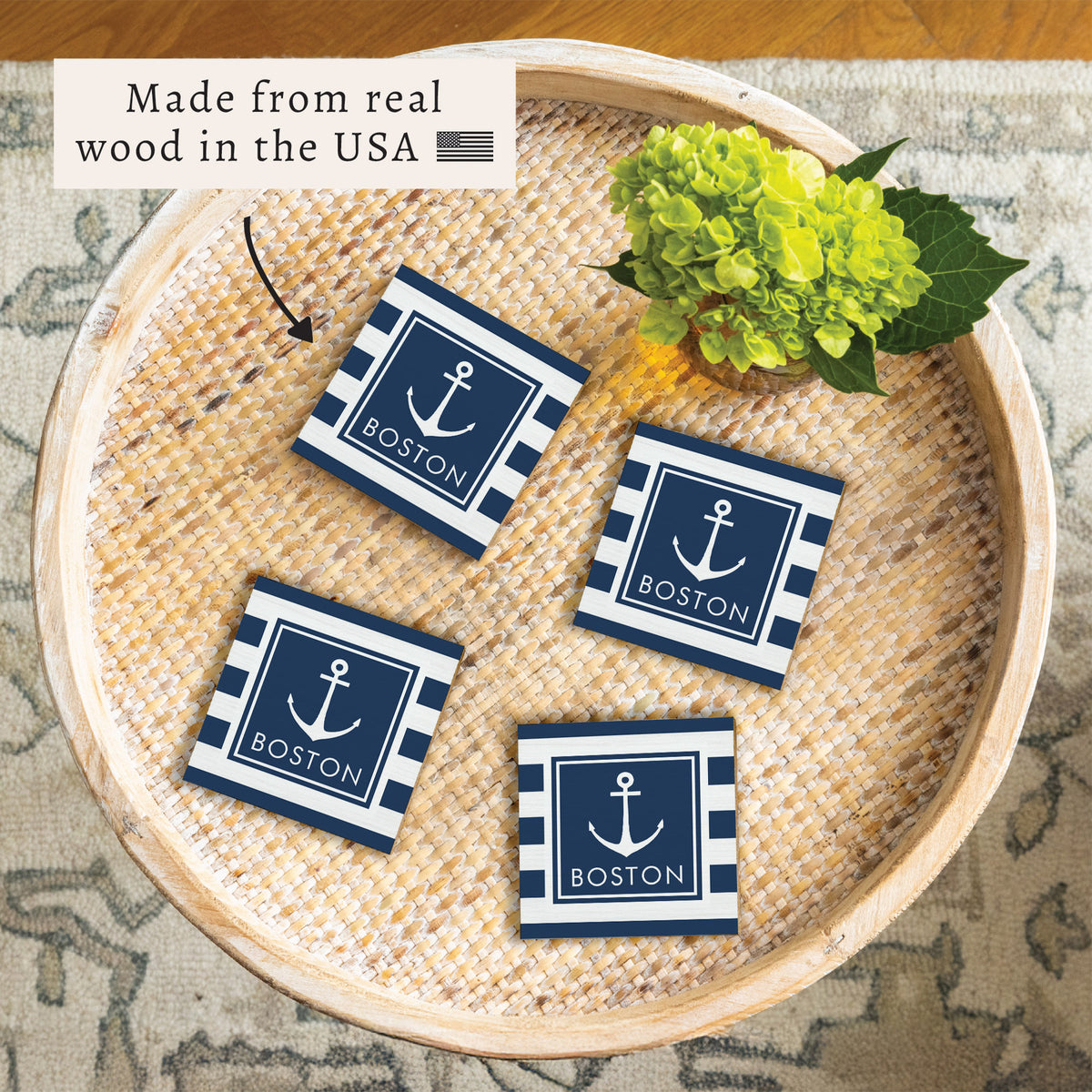 Anchor Stripes Personalized Coaster Set