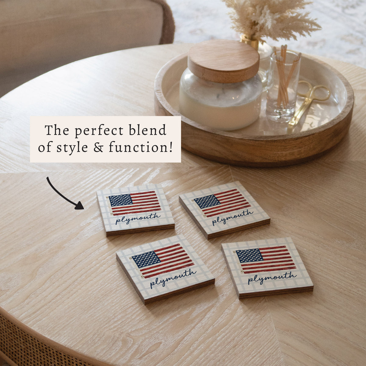 American Flag Blue Plaid Personalized Coaster Set