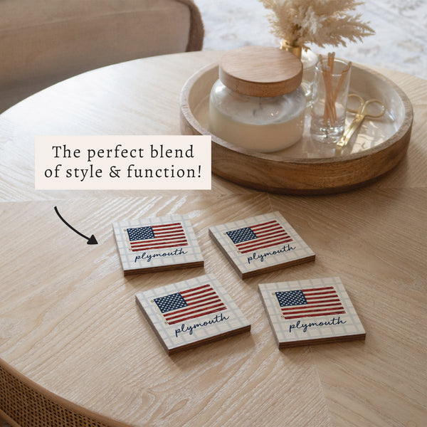 American Flag Blue Plaid Personalized Coaster Set