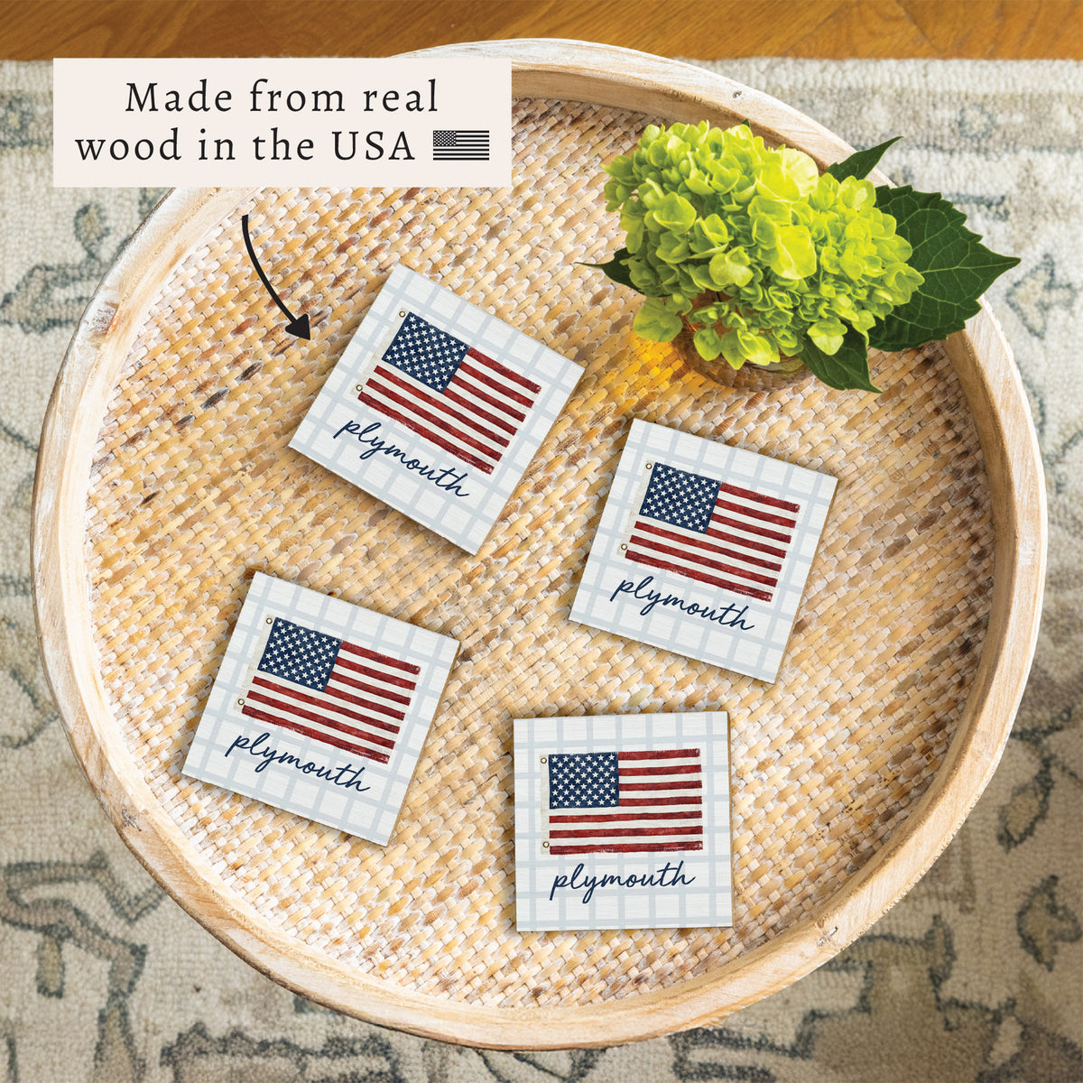 American Flag Blue Plaid Personalized Coaster Set