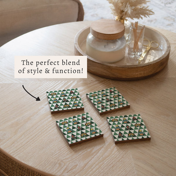 Modern Green Mountain Camping Icons Coaster Set