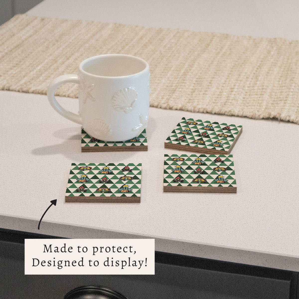 Modern Green Mountain Camping Icons Coaster Set