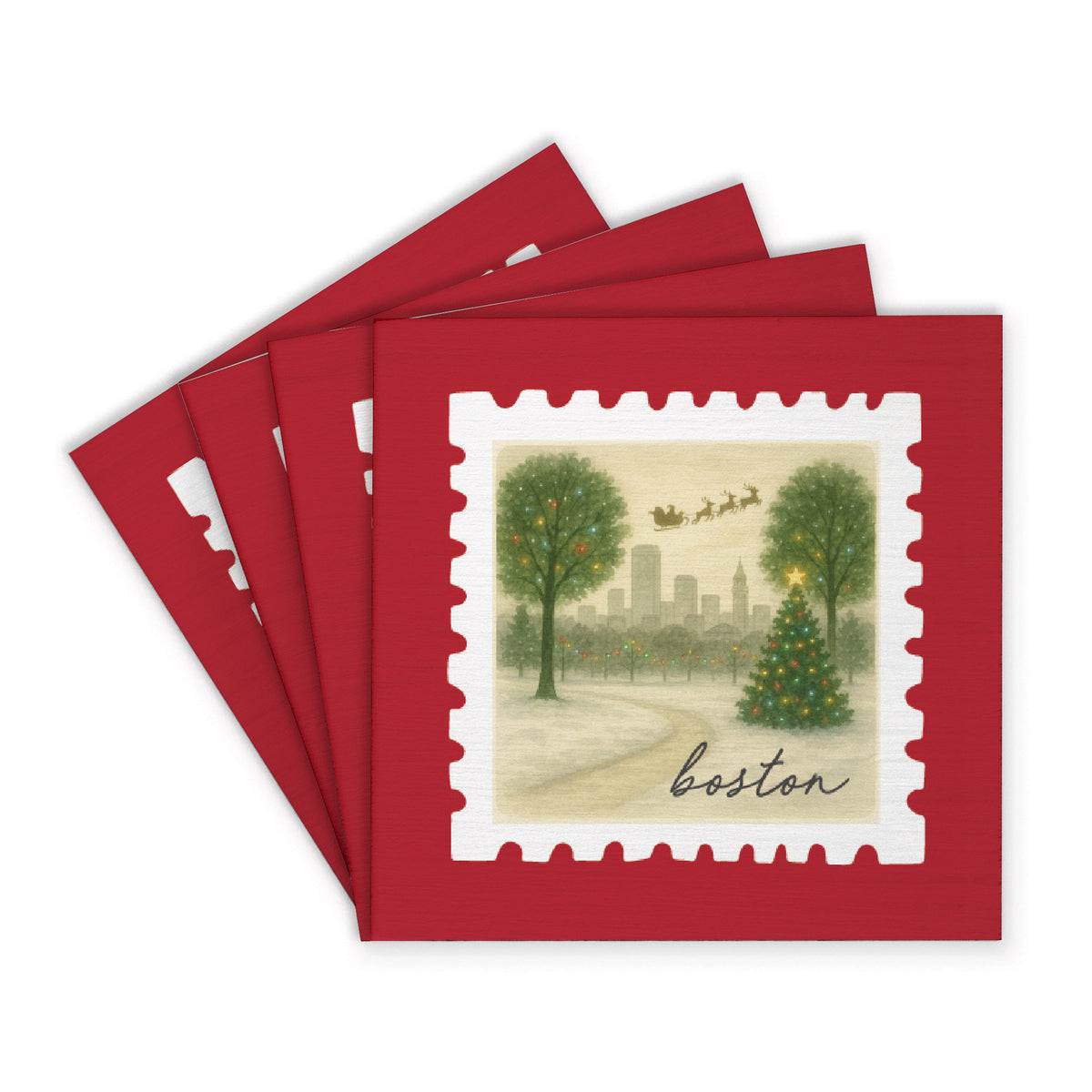 Boston Christmas Stamp Coaster Set