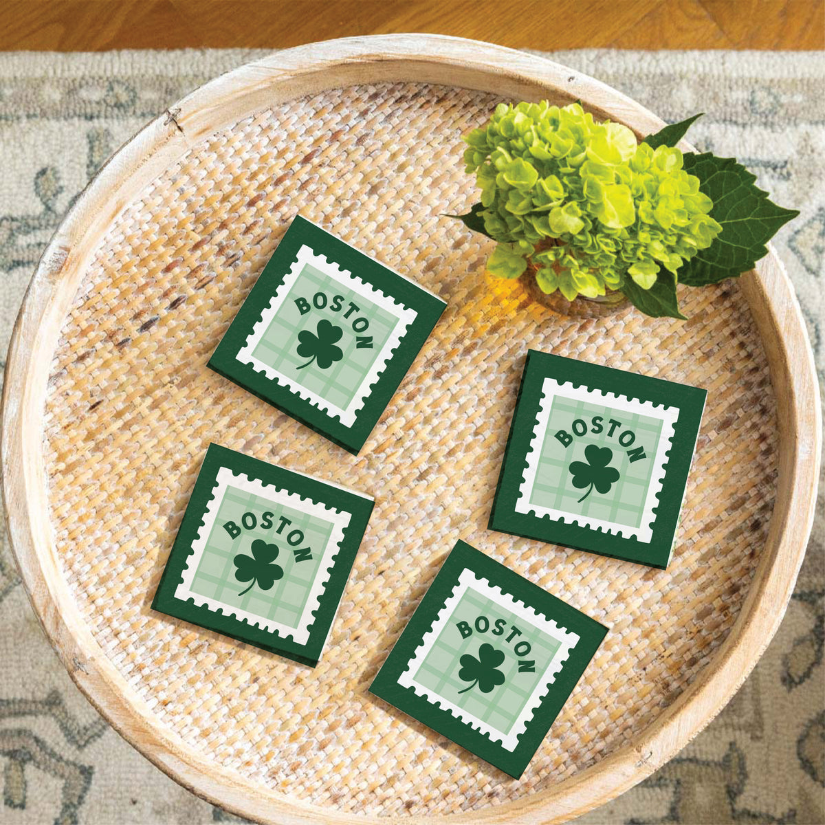 Green Boston Leave Stamp Coaster Set