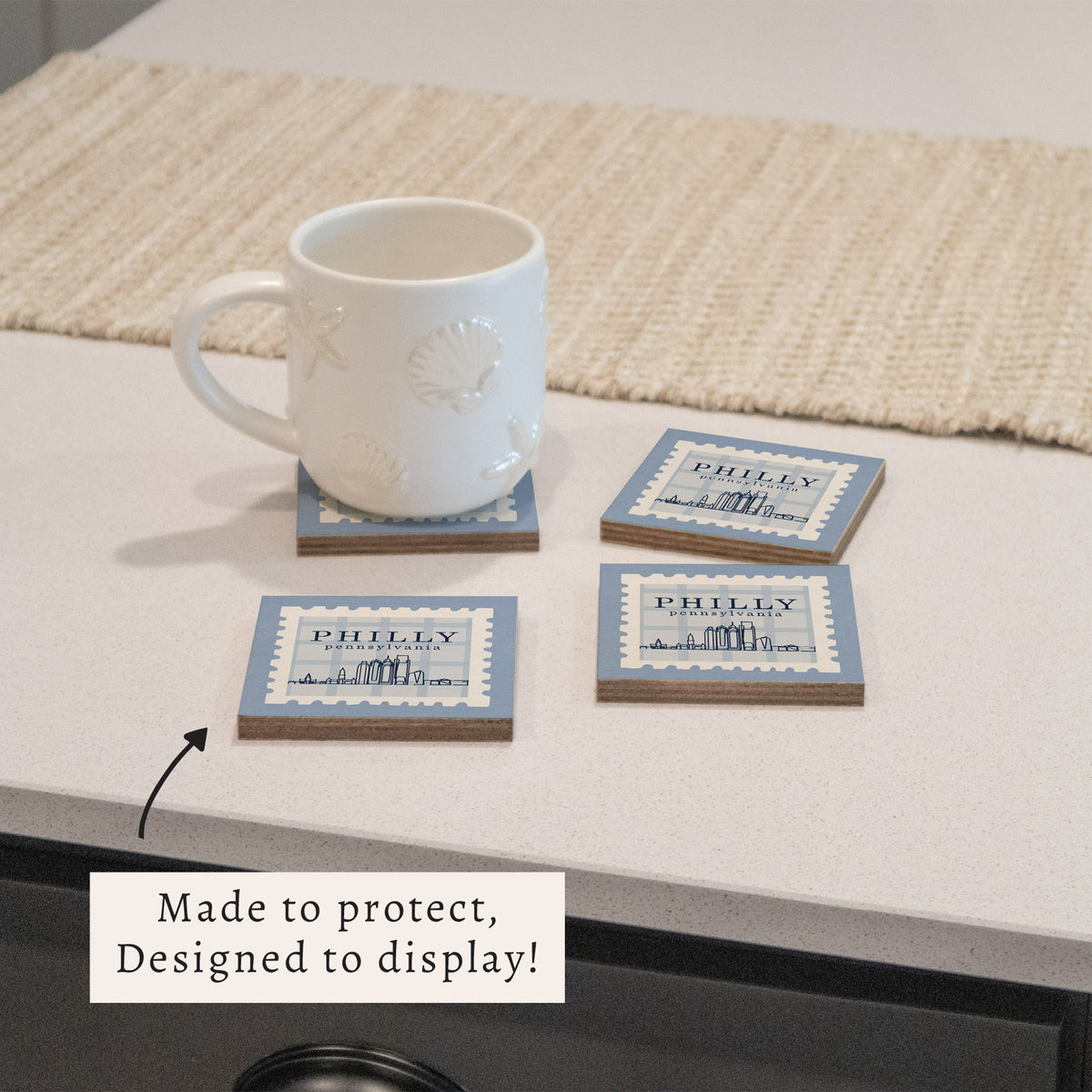 Philly Skyline Blue Stamp Coaster Set