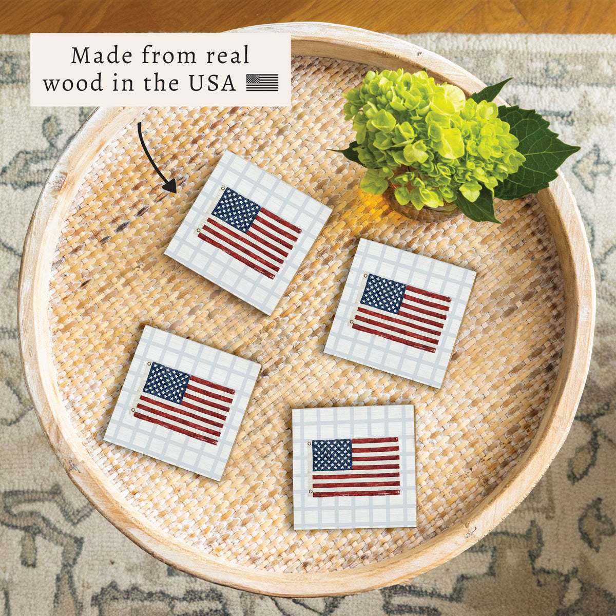 American Flag Blue Plaid Coaster Set