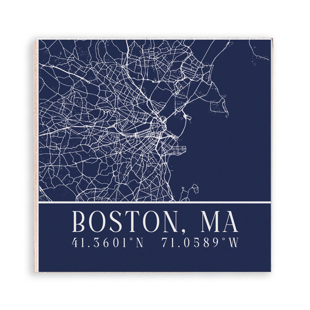 Navy Blue Boston City Grid Coordinates Wooden Magnet