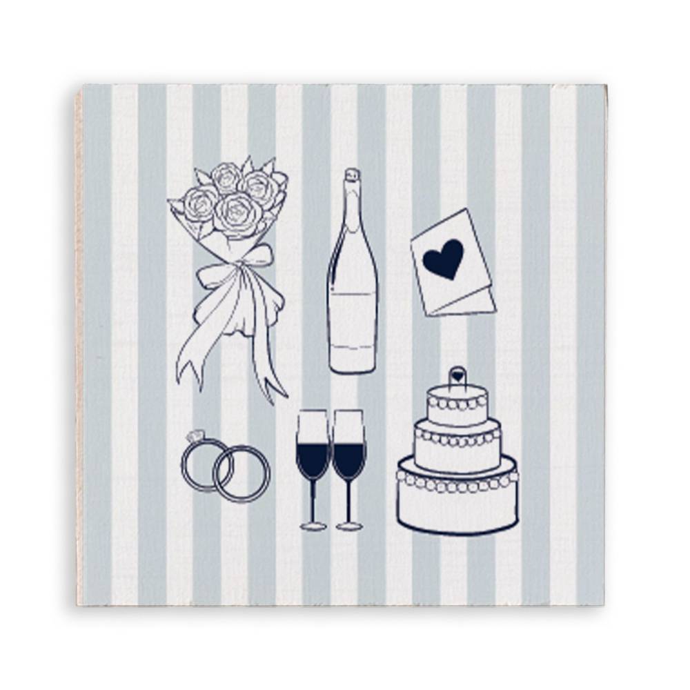 Blue Striped Wedding Icons Wooden Magnet
