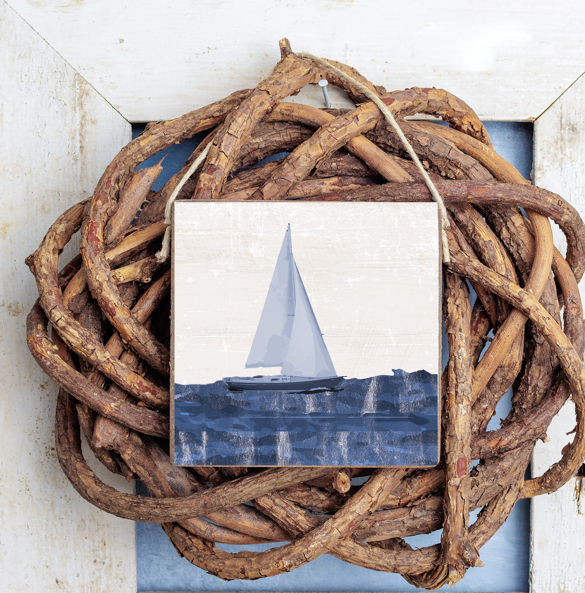 Indigo Sailboat Square Twine Sign