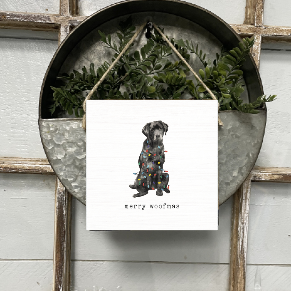 Merry Woofmas Black Lab Square Twine Hanging Sign