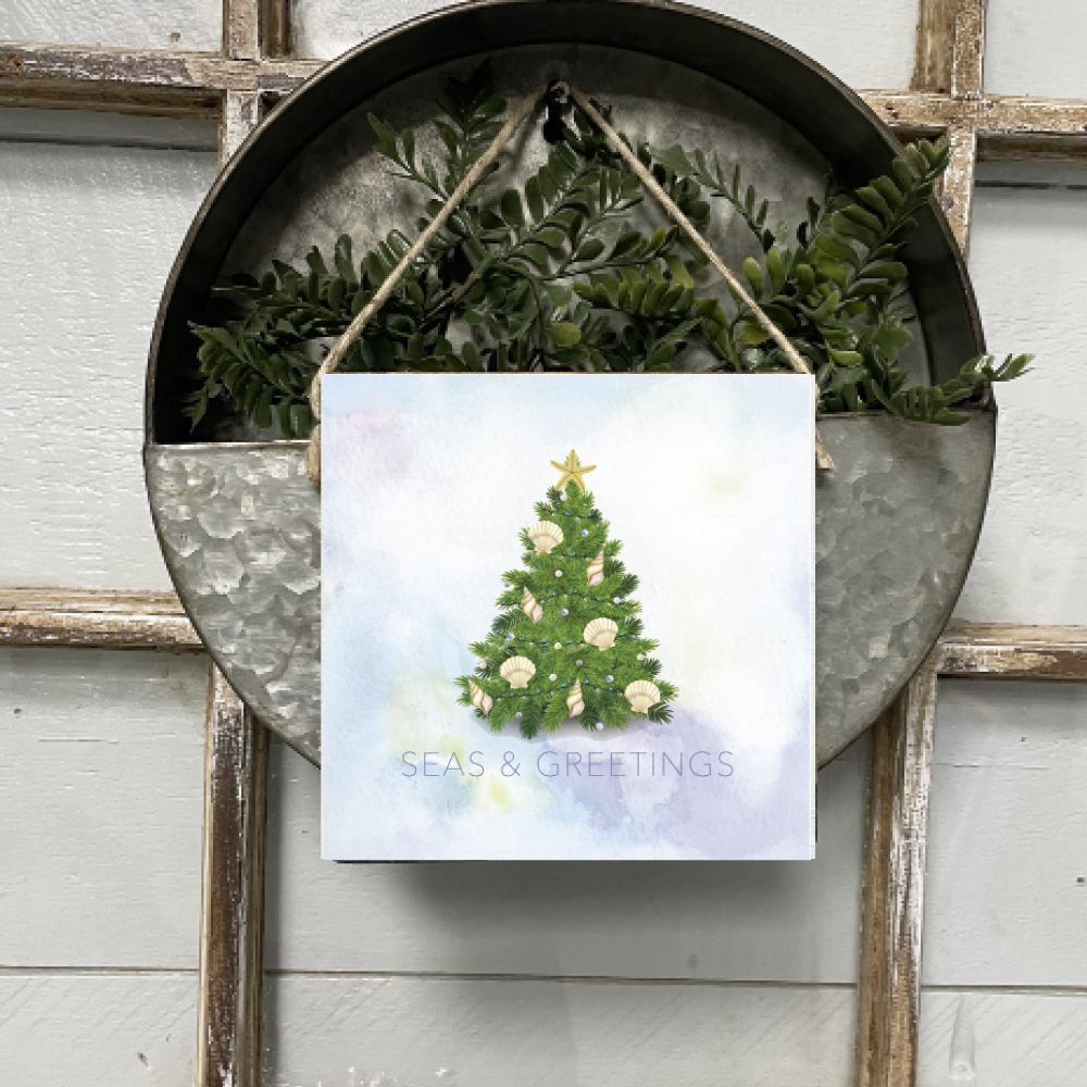 Coastal Christmas Evergreen Tree Square Twine Hanging Sign