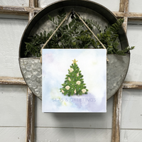 Coastal Christmas Evergreen Tree Square Twine Hanging Sign