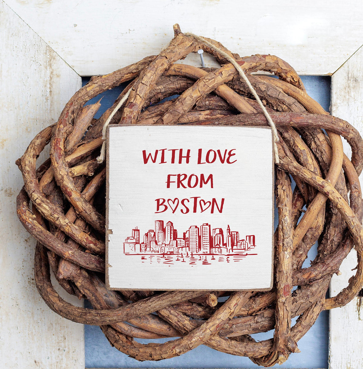 With Love from Boston Square Twine Hanging Sign