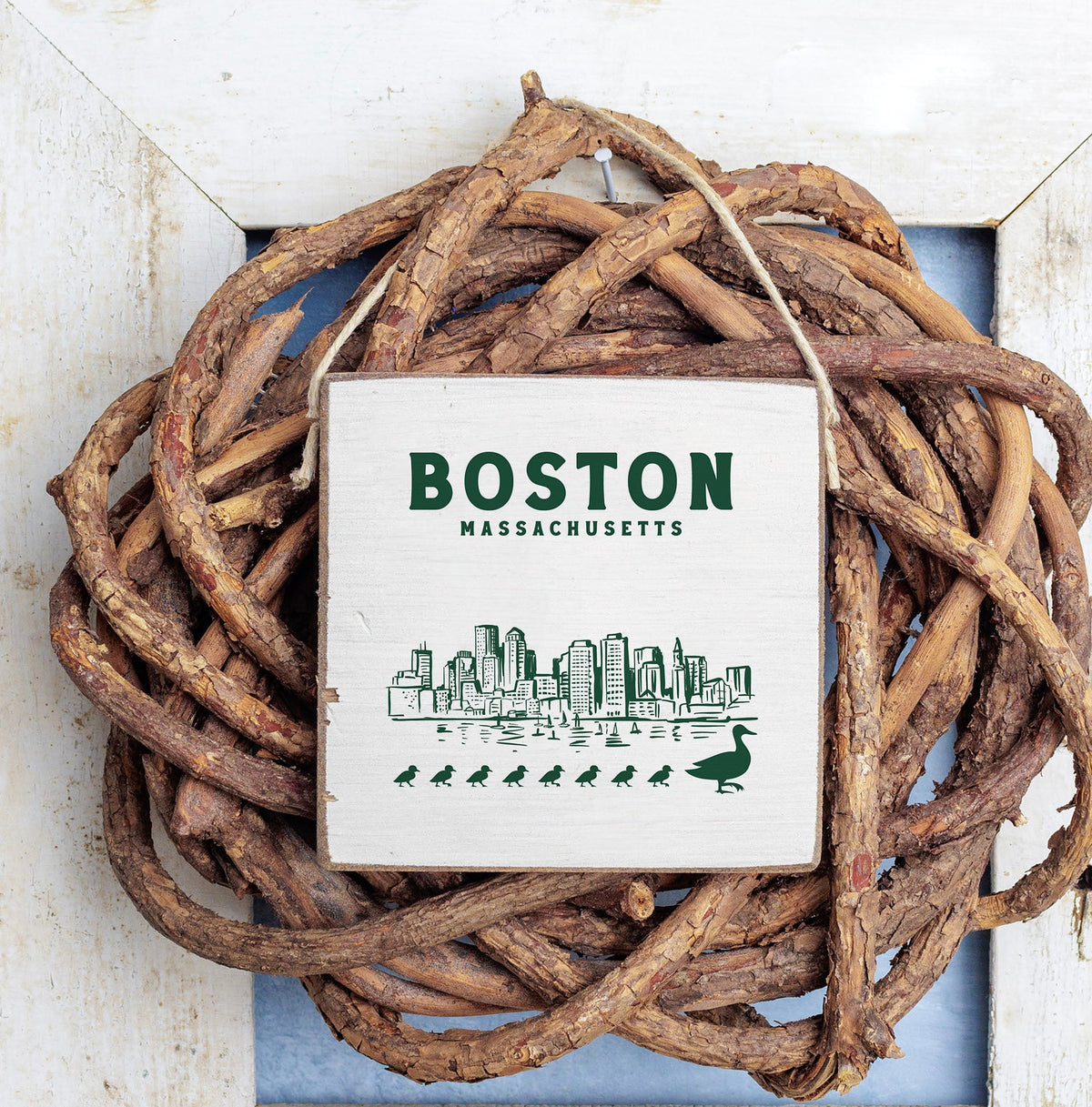 Boston Skyline Ducklings Square Twine Hanging Sign