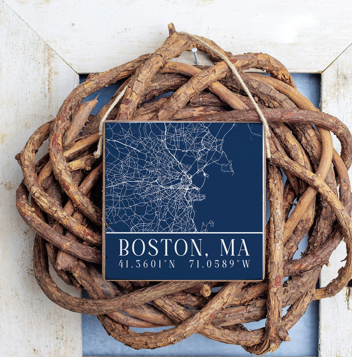 Navy Blue Boston City Grid Square Twine Hanging Sign