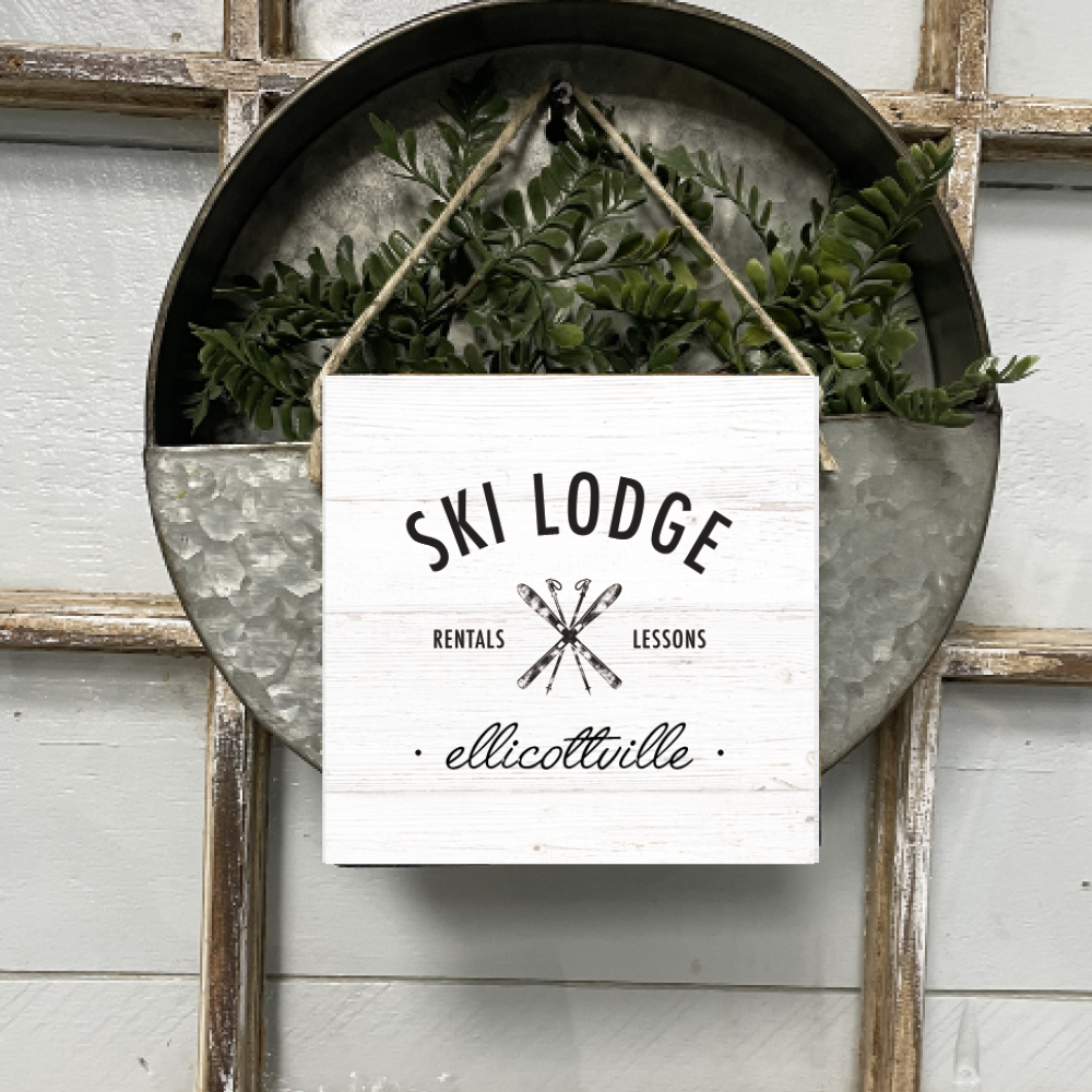 Personalized Ski Lodge Square Twine Hanging Sign