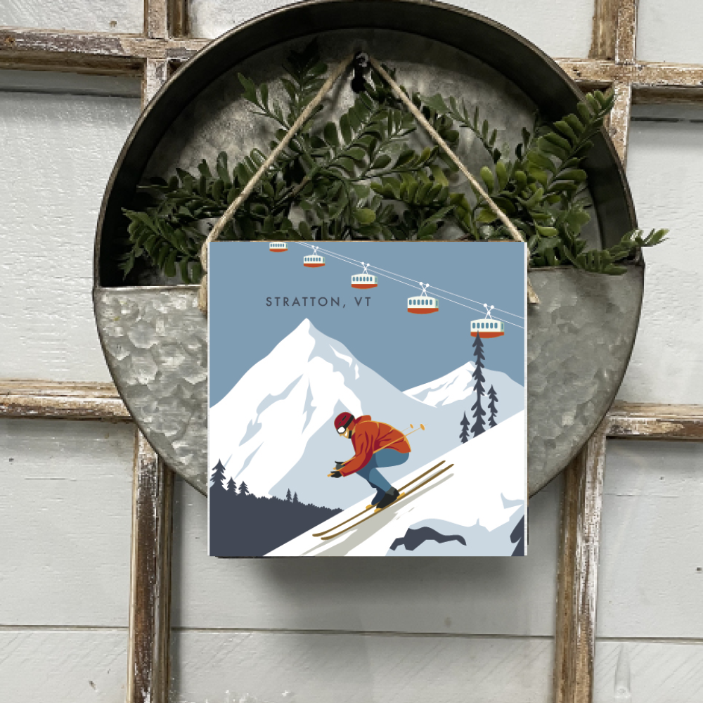 Personalized Bluebird Ski Day Square Twine Hanging Sign