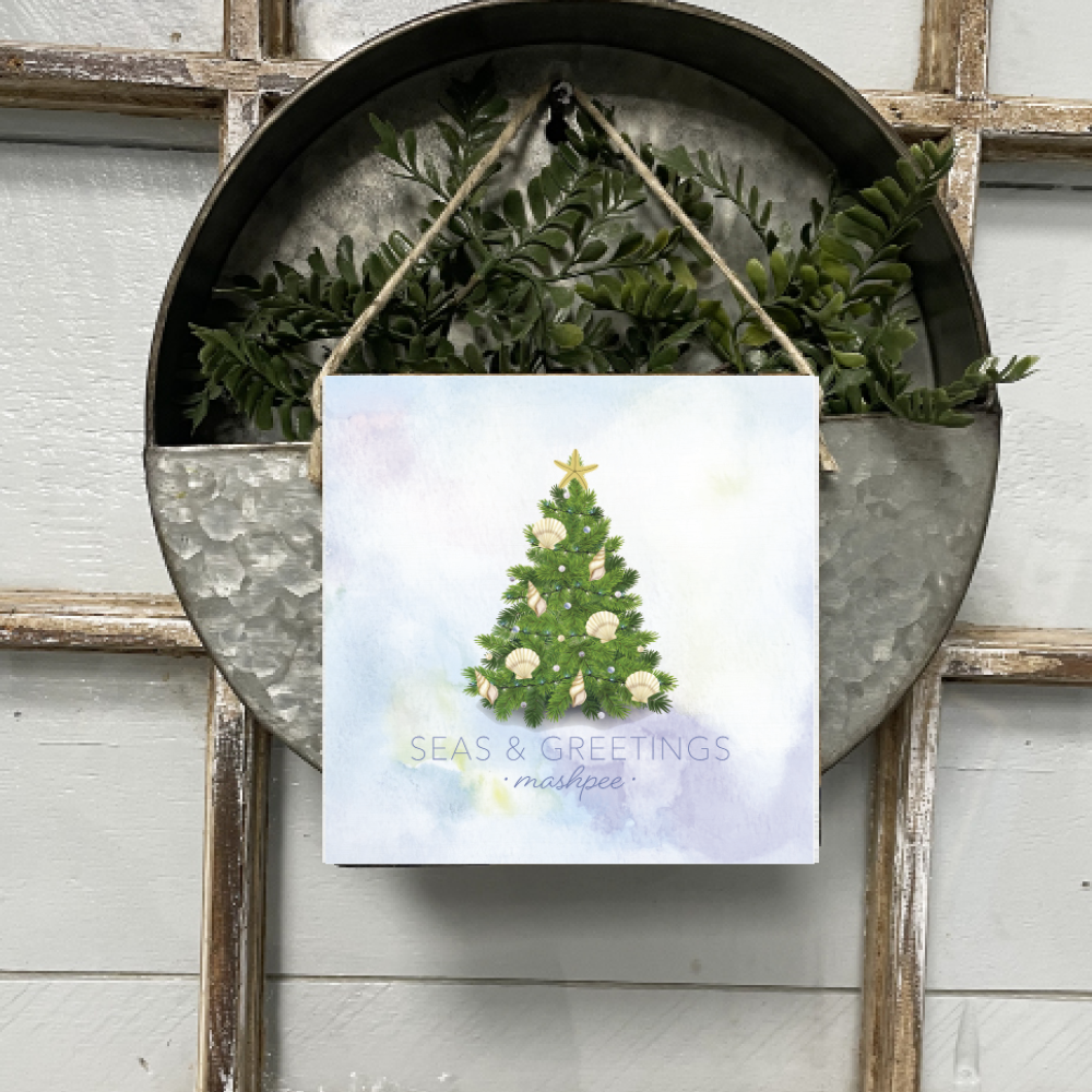 Personalized Coastal Christmas Tree Square Twine Hanging Sign