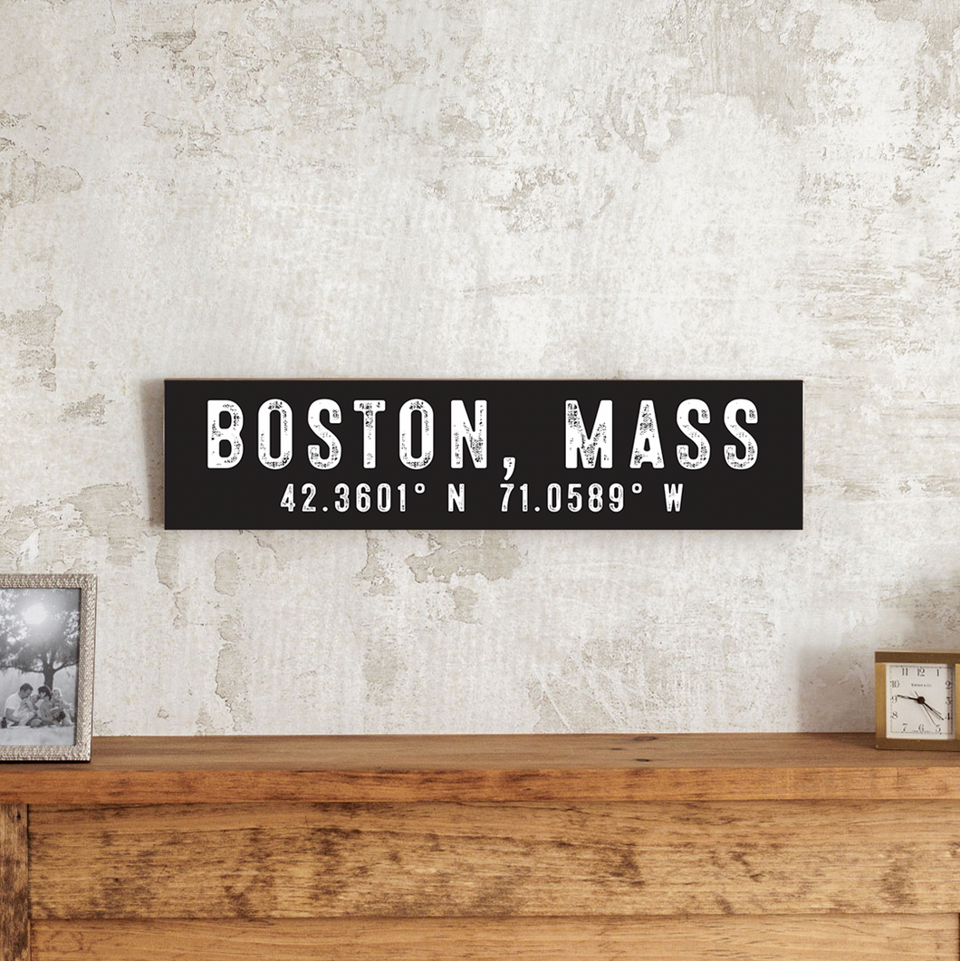 Boston Coordinates Barn Wood Sign