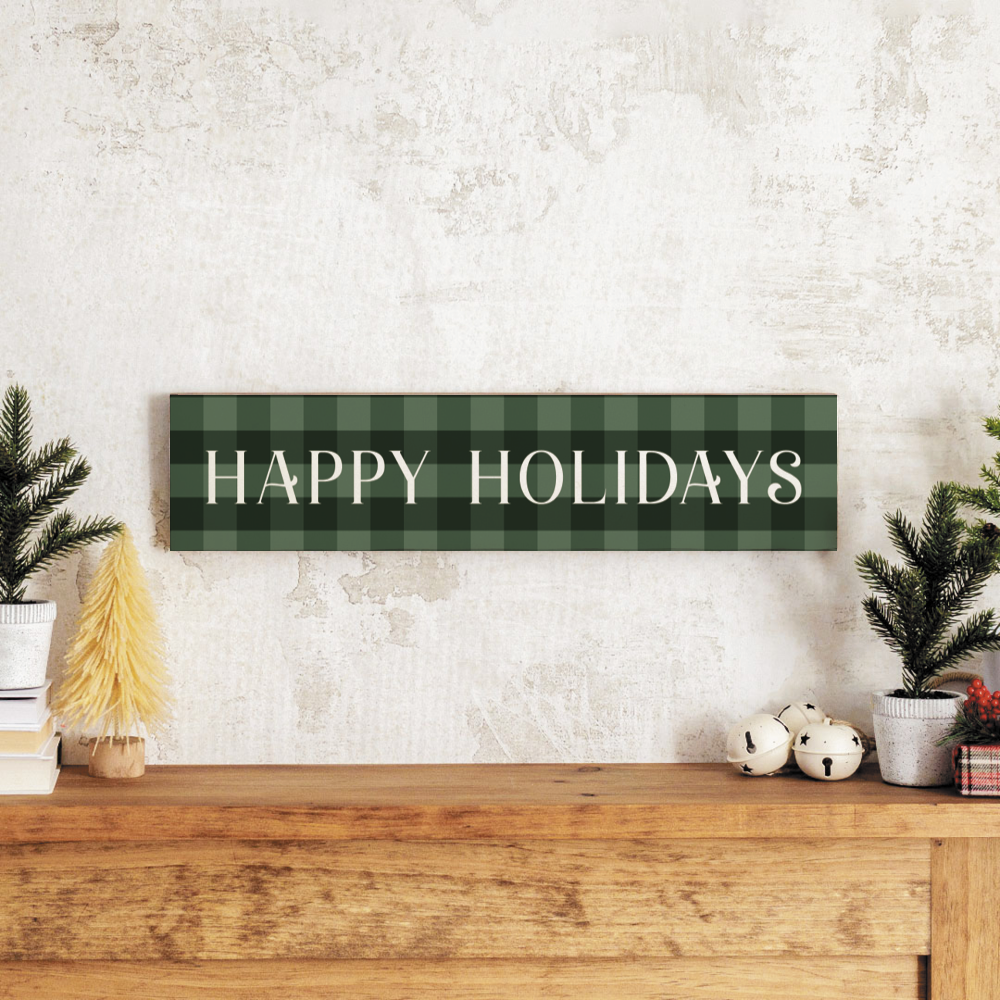 Green Plaid Happy Holidays Barnwood Sign