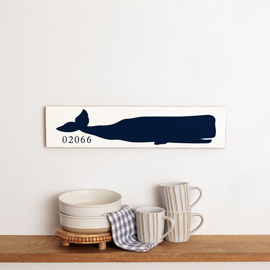 Personalized Zip Code Navy Whale Wood Sign
