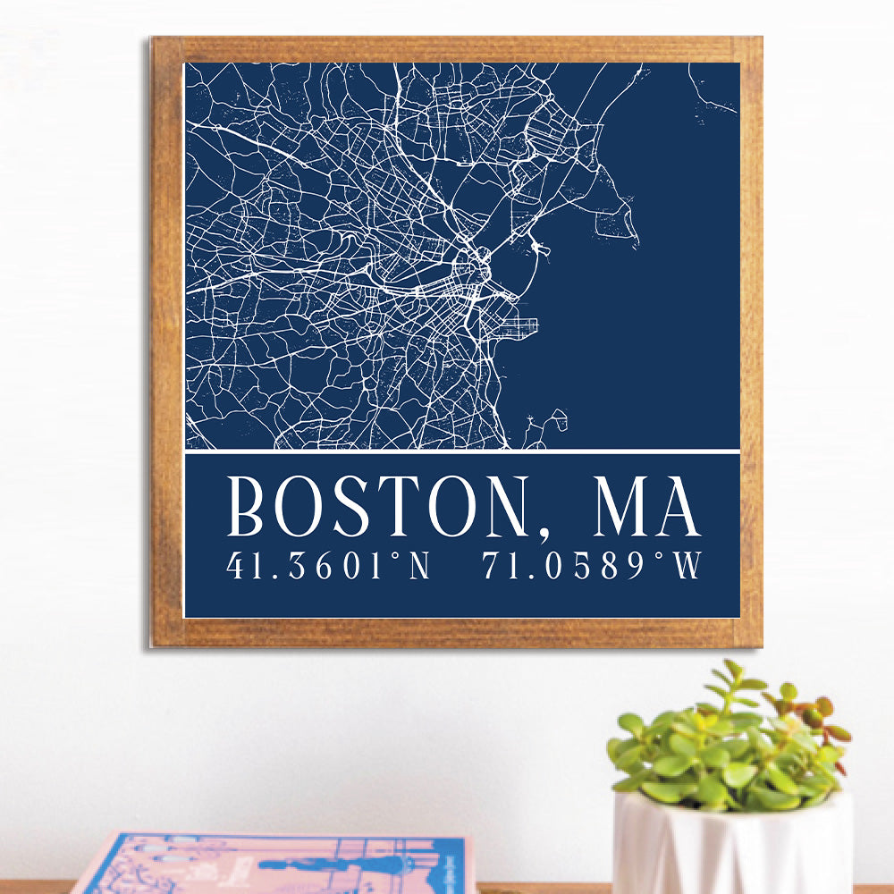 Navy Blue Boston City Grid Coordinates Wall Art