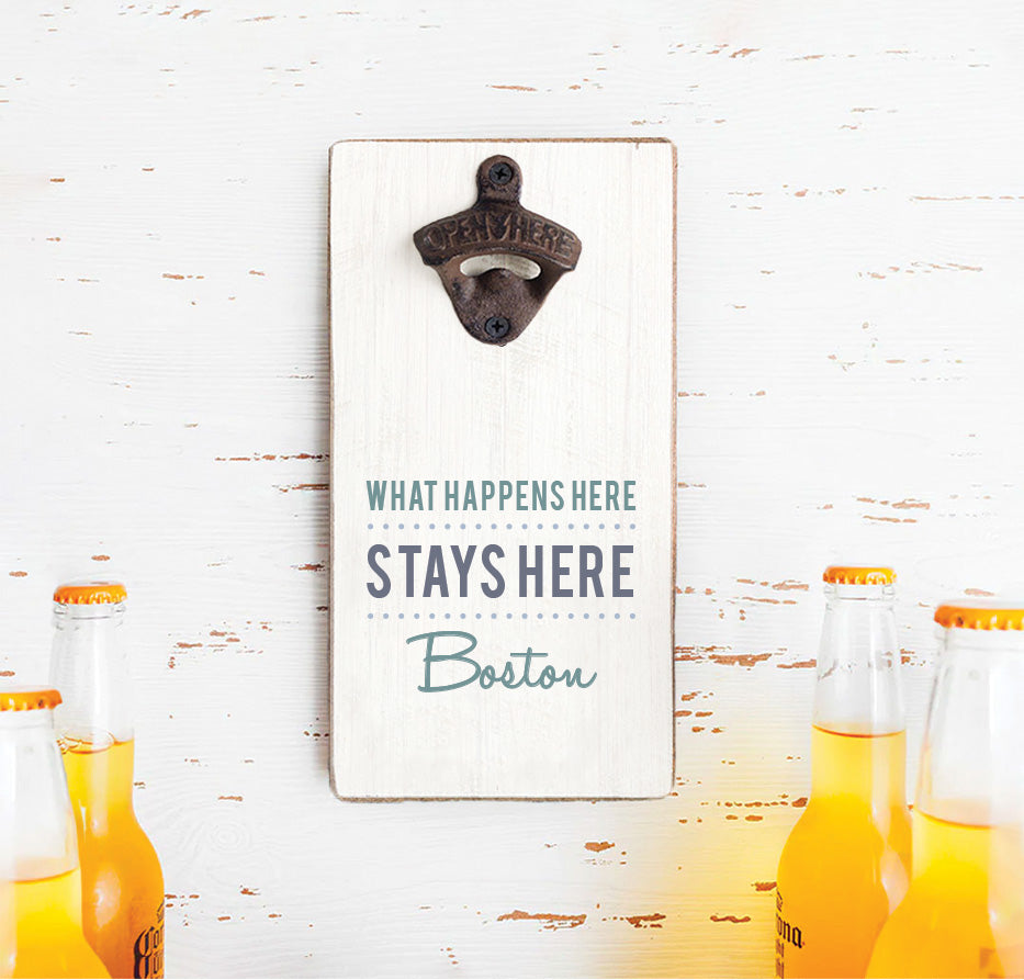 Personalized What Happens Here Stays Here Bottle Opener