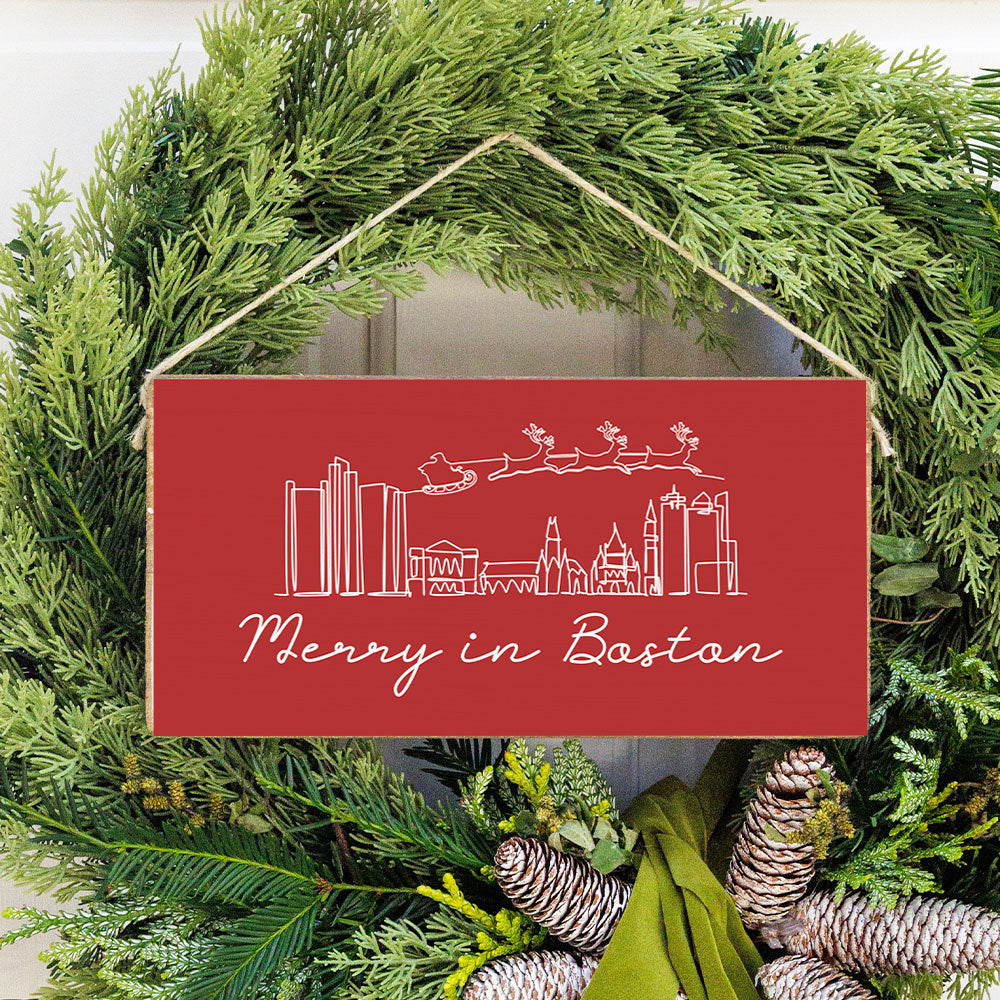 Merry in Boston Skyline Twine Hanging Sign