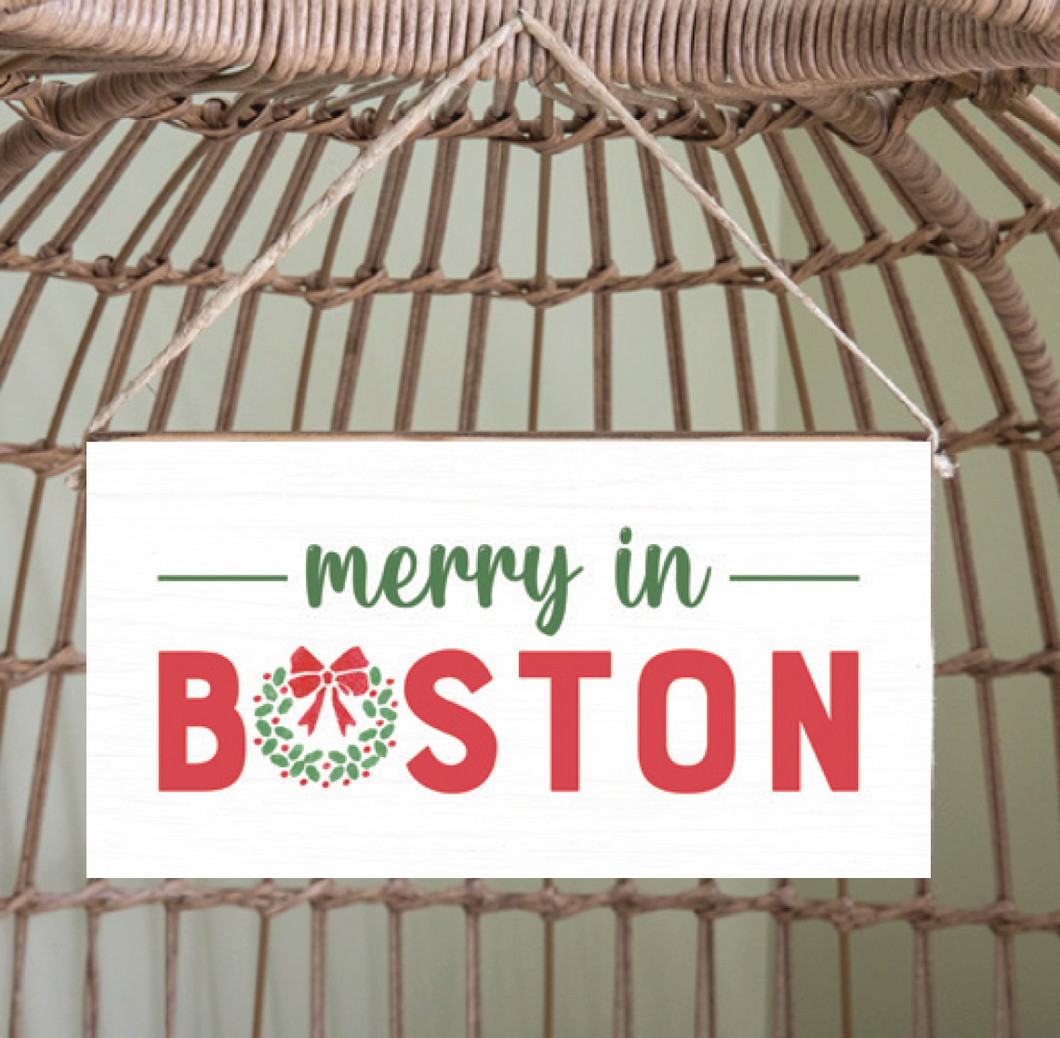 Merry In Boston Twine Hanging Sign