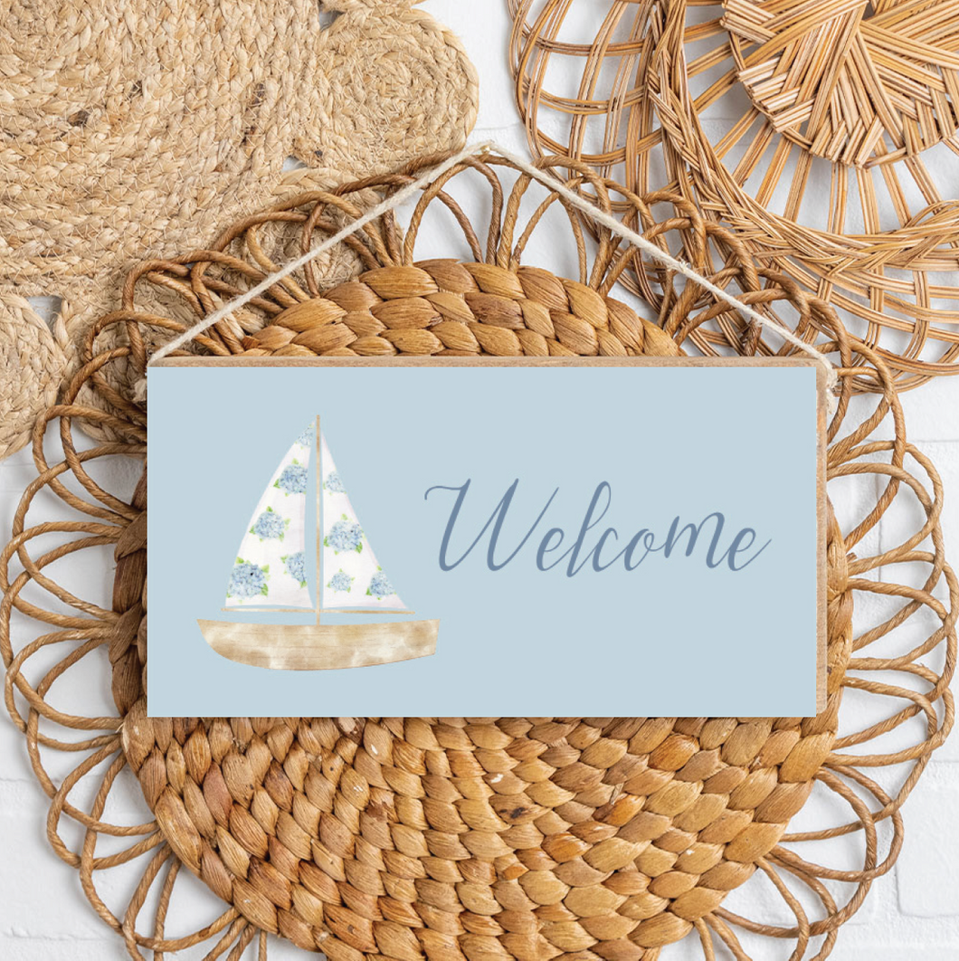 Welcome Hydrangea Sailboat Twine Hanging Sign