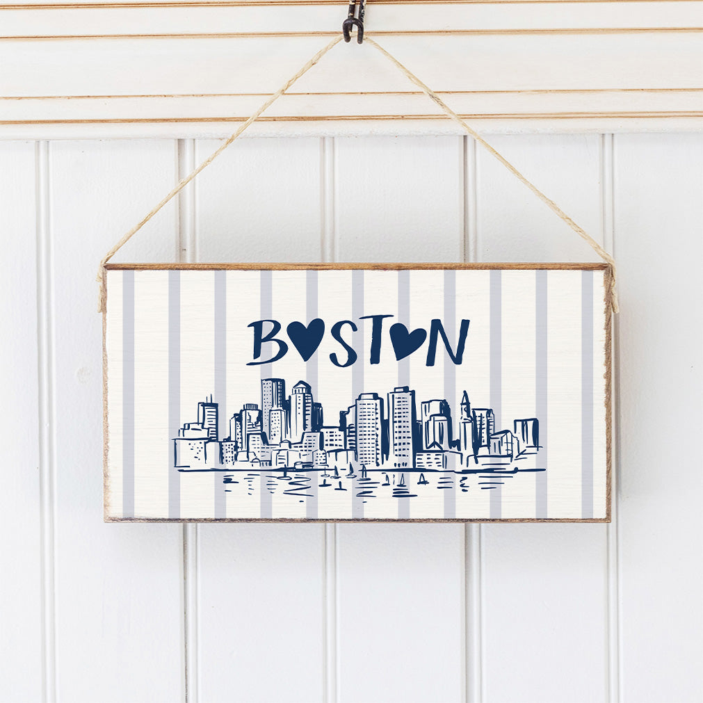 Boston Blue Striped Skyline Twine Hanging Sign