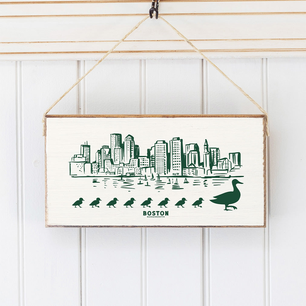 Green Boston Skyline Ducklings Twine Hanging Sign