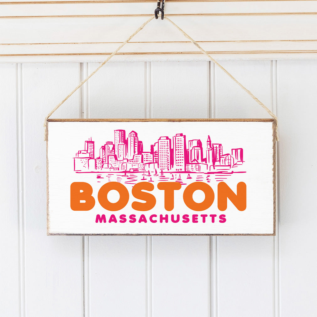 Boston MA Orange and Pink Skyline Twine Hanging Sign