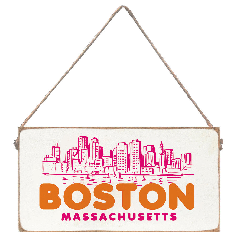 Boston MA Orange and Pink Skyline Twine Sign
