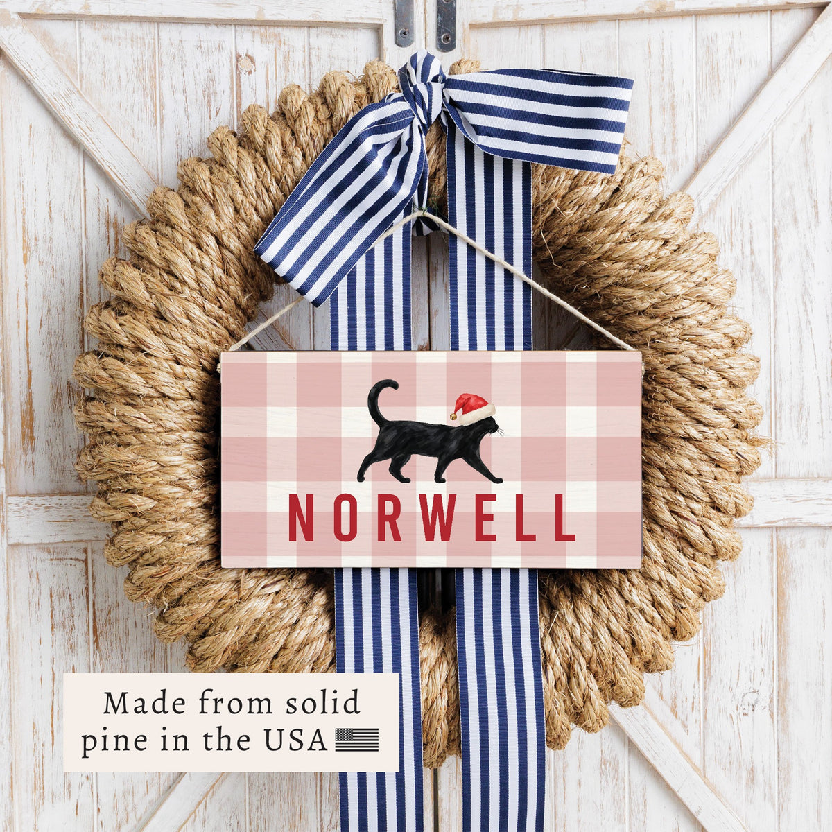 Black Cat Santa Hat Personalized Twine Sign