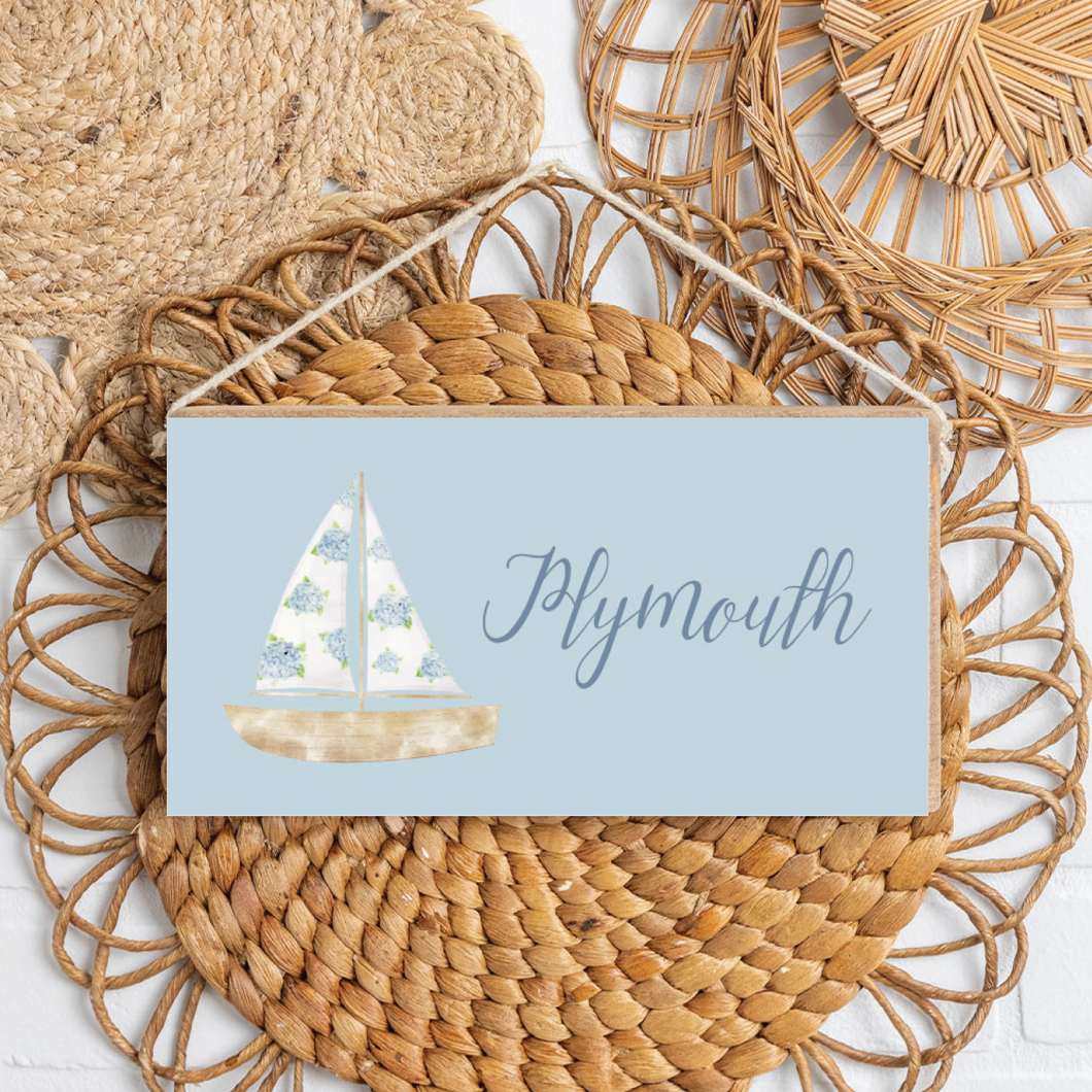 Personalized Hydrangea Sailboat Twine Hanging Sign