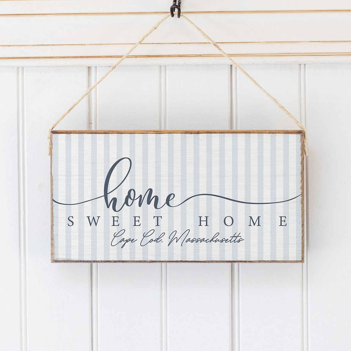 Personalized Blue and White Striped Home Sweet Home Twine Hanging Sign