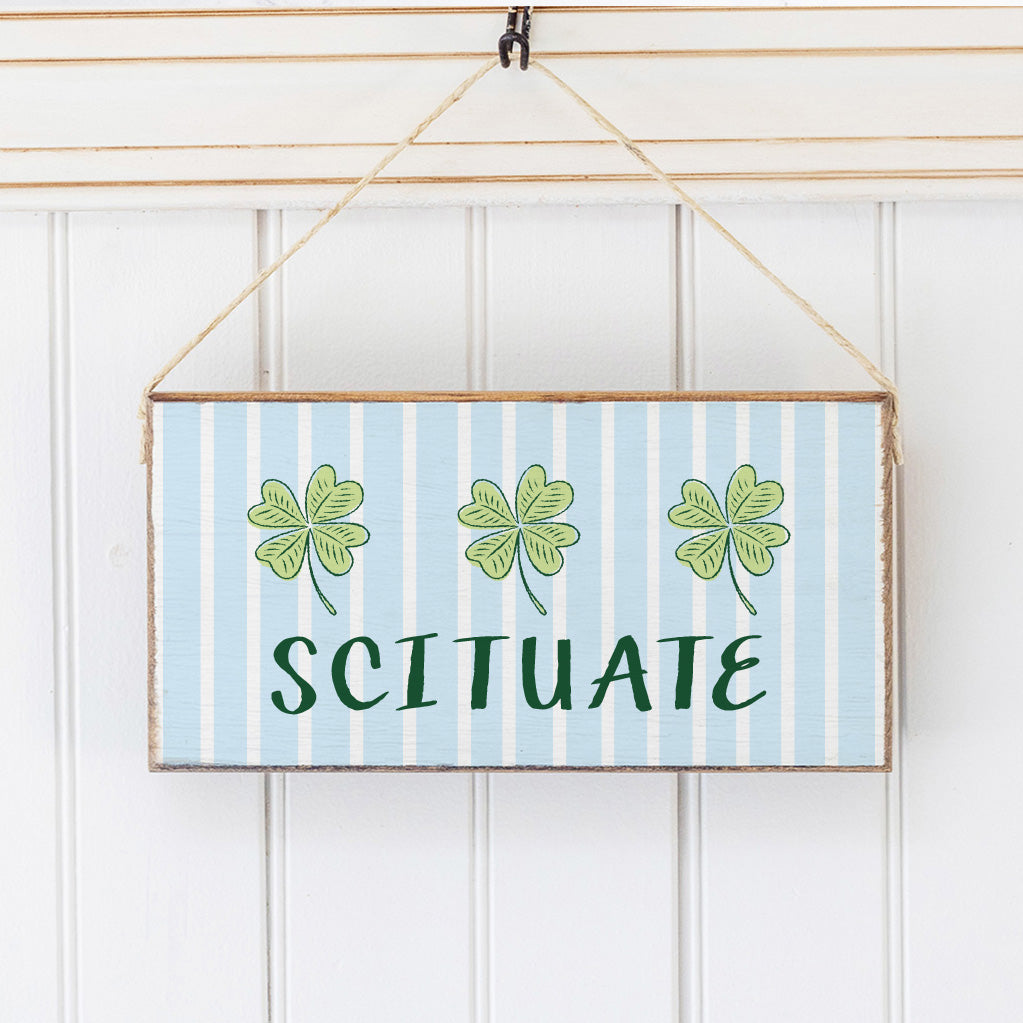 Personalized Blue Striped Shamrock Welcome Twine Hanging Sign